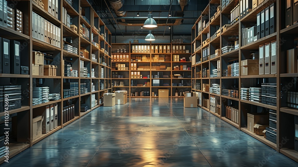 Expansive Archive Storage Facility with Wooden Shelving Units Filled with Files and Boxes Expansive Archive Storage Facility with Wooden Shelving Units Filled with Files and Boxes