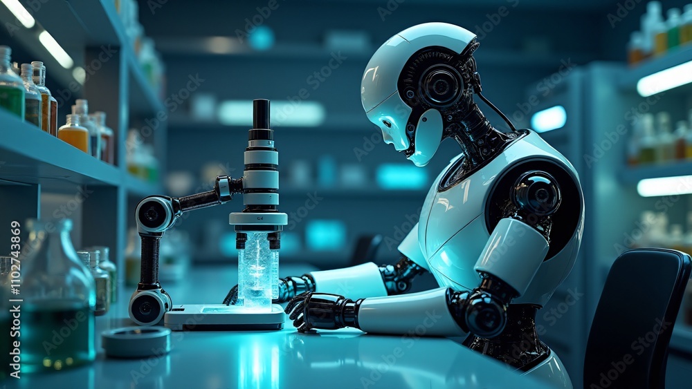 A humanoid robot in a sleek black suit stands confidently in an upscale office, with large windows offering a city skyline view, showcasing a modern and futuristic business environment. A humanoid robot in a sleek black suit stands confidently in an upscale office, with large windows offering a city skyline view, showcasing a modern and futuristic business environment.