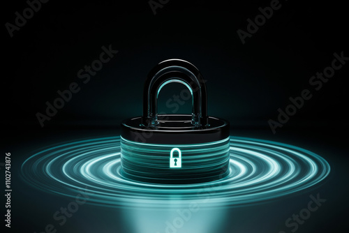 A lock with a padlock on top of it, floating in the air & centered on a black background. Light rays radiate from the lock, creating circular waves around it, in a minimalistic design.  photo