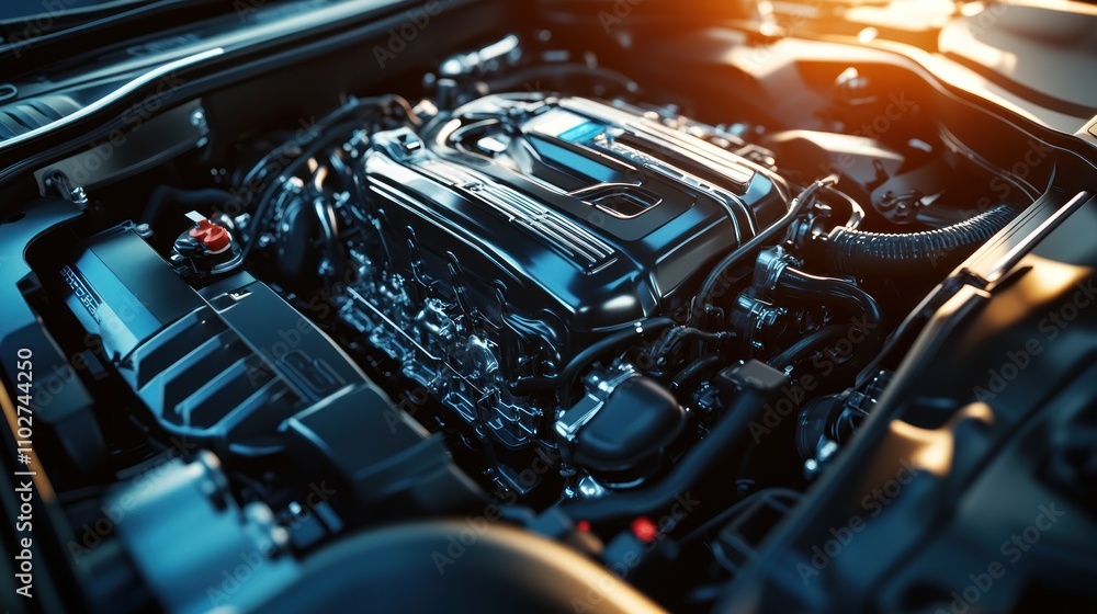 Close-up of a powerful, clean car engine in sunlight. Close-up of a powerful, clean car engine in sunlight.