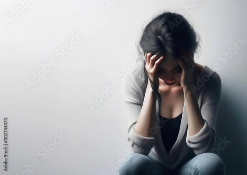 Sad young woman sitting on the floor and holding her head with hands