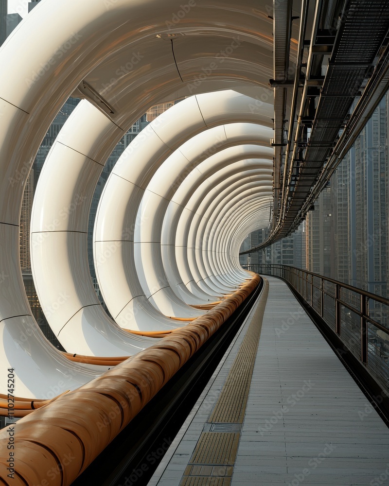 Obraz premium A futuristic tunnel with smooth, curved walls and a wooden path, creating a sleek and modern architectural design that evokes a sense of depth and perspective.