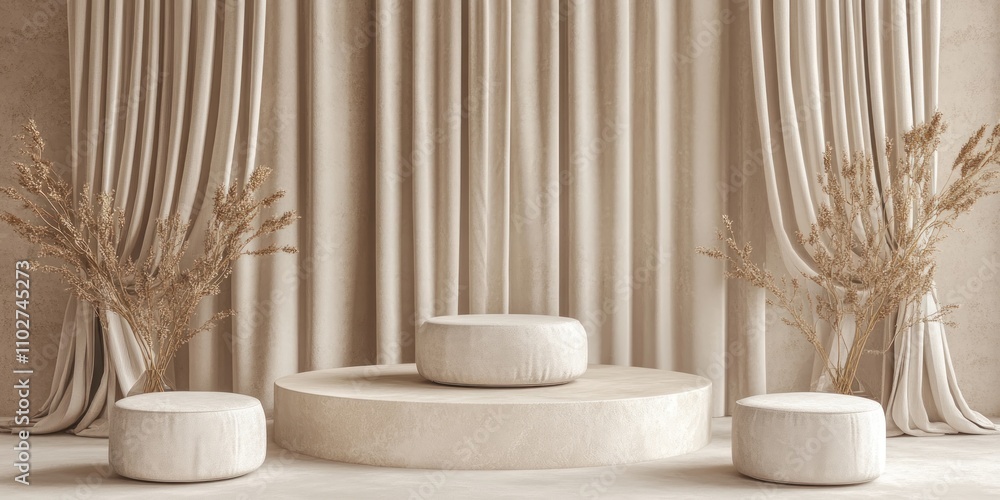 Beige minimalist studio with podiums and dried flowers. Beige minimalist studio with podiums and dried flowers.