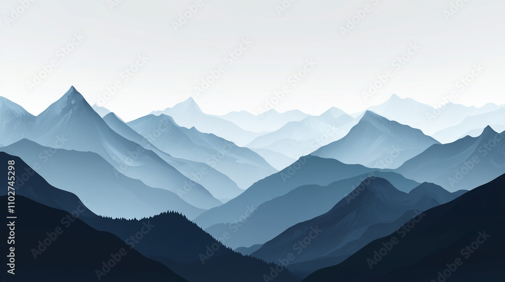 Mountain landscape showcasing layers of peaks in fading light during early morning Mountain landscape showcasing layers of peaks in fading light during early morning