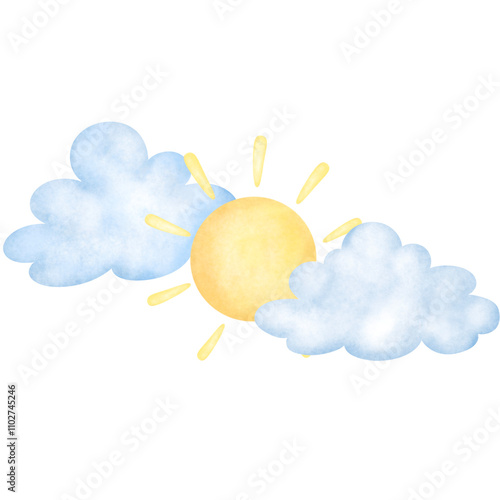A watercolor painting of the sun emerging  from clouds in the sky	