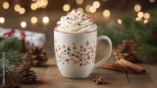 Wallpaper Mural Festive hot chocolate with whipped cream and sprinkles in a decorated mug, surrounded by Christmas decorations. Torontodigital.ca
