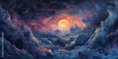 ethereal sunset in clouds fantasy landscape painting dreamy night sky with sun mystical celestial view galaxy inspired
