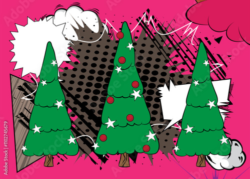 Cartoon Christmas decorated pine tree, comic book Holiday Retro vector comics pop art design.