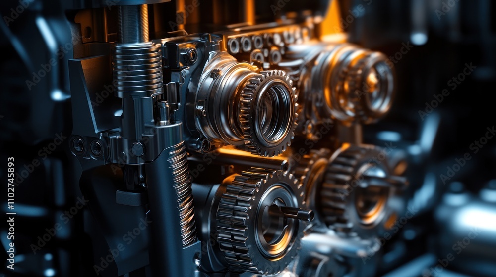 Close-up of intricate engine gears and mechanisms, illuminated with warm light, showcasing precision engineering. Close-up of intricate engine gears and mechanisms, illuminated with warm light, showcasing precision engineering.
