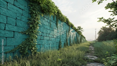 Teal stone wall with overgrown vegetation, stone wall, overgrown photo