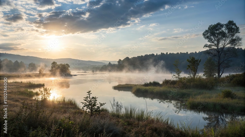 The early morning sun peeks through the misty veil over a tranquil lagoon casting an otherworldly glow on the surrounding landscape, peaceful, sunrise, landscape, lagoon, natural The early morning sun peeks through the misty veil over a tranquil lagoon casting an otherworldly glow on the surrounding landscape, peaceful, sunrise, landscape, lagoon, natural
