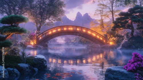 Serene garden scene featuring a bridge over a tranquil pond surrounded by lush foliage.