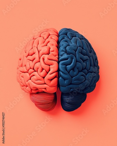 A vibrant, split brain illustration featuring one half in red and the other in blue, set against an orange background.