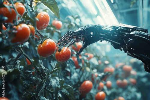 Robotic arm efficiently harvesting ripe tomatoes in a modern greenhouse environment photo