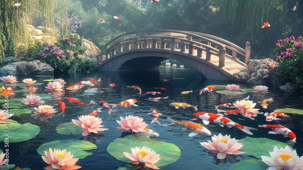 Fototapeta premium A serene landscape featuring koi fish, lotus flowers, and a wooden bridge over a tranquil pond.