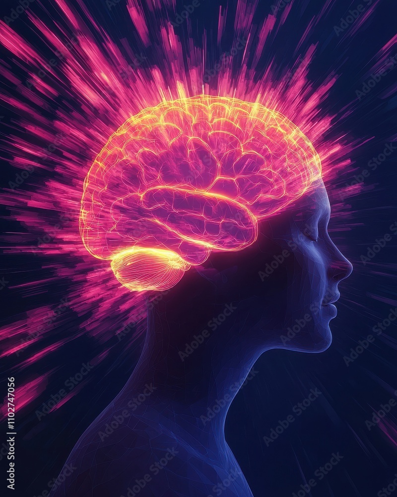 A vibrant illustration of a human profile with a glowing brain, symbolizing thought, creativity, and mental energy. A vibrant illustration of a human profile with a glowing brain, symbolizing thought, creativity, and mental energy.
