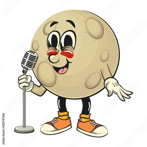 Moon mascot character illustration in front of the mic become a stand up comedian, cartoon mascot isolated, work of hand drawn