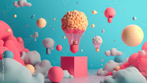 3D creativity and inspiration, idea and imagination, innovation and discovery, think outside the box. Think big, ambition to success.