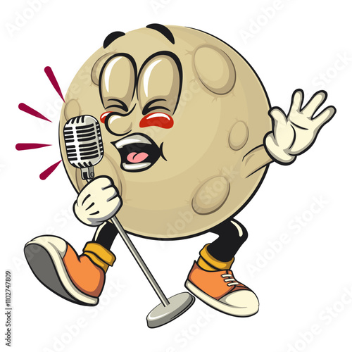Moon mascot character illustration sing earnestly with maximum style, cartoon mascot isolated, work of hand drawn