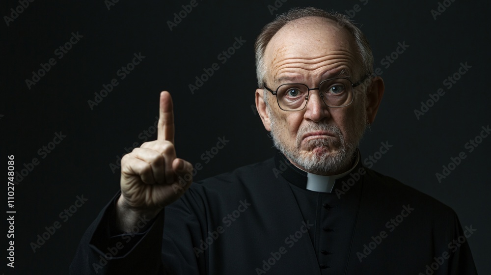 Portrait of a senior catholic priest with finger up on dark background. Portrait of a senior catholic priest with finger up on dark background.