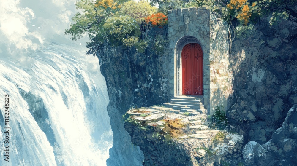 A mystical red door on a cliffside overlooking a waterfall, evoking adventure and wonder. A mystical red door on a cliffside overlooking a waterfall, evoking adventure and wonder.
