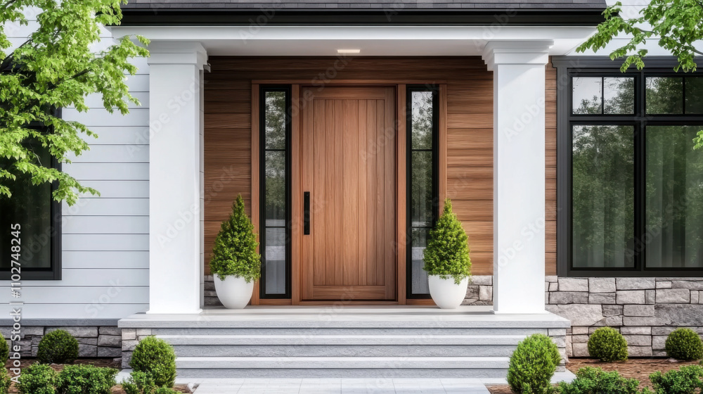 A wooden front door, surrounded by windows, with white, blue, and stone siding A wooden front door, surrounded by windows, with white, blue, and stone siding