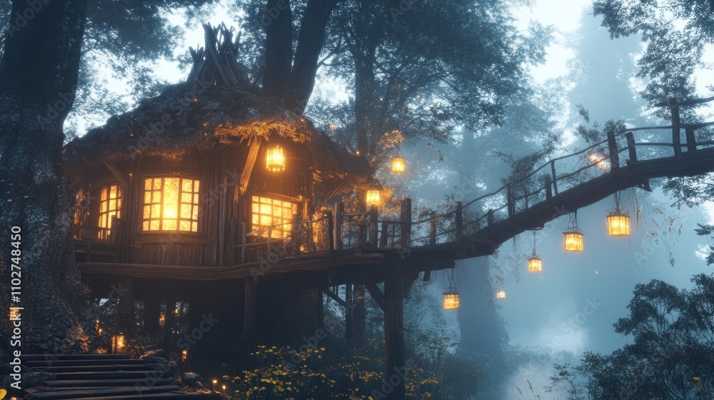 A mystical treehouse illuminated by lanterns in a foggy forest. A mystical treehouse illuminated by lanterns in a foggy forest.