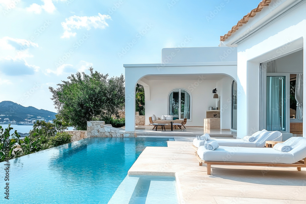 Fototapeta premium Terrace in villa with sunbeds and swimming pool with clear blue water