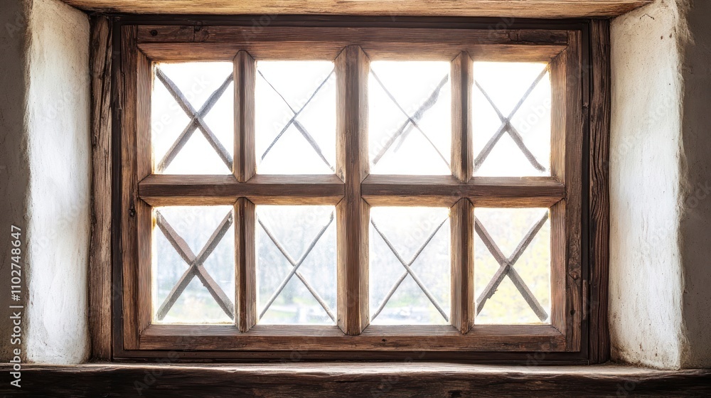 Obraz premium A wooden window with diamond-shaped panes, allowing natural light to enter a room.