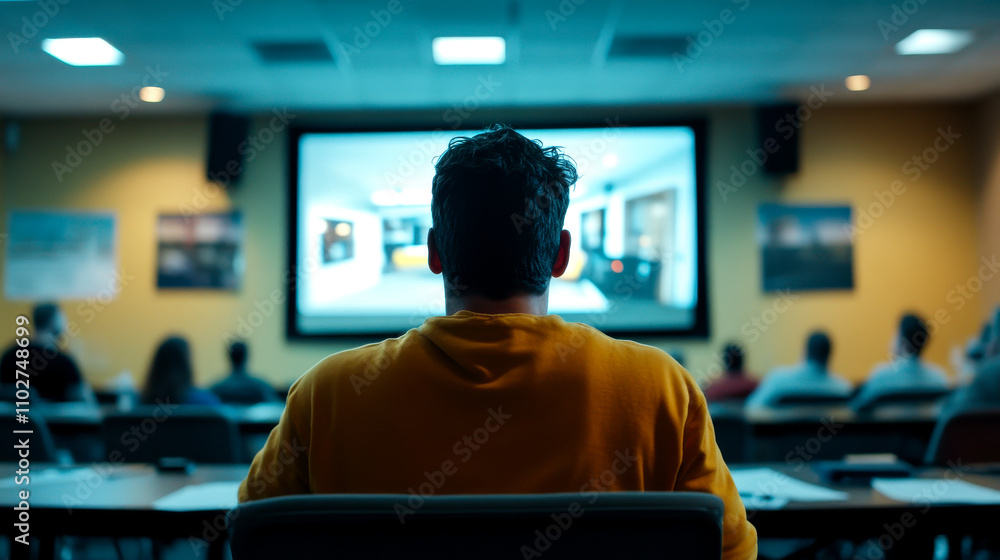 A person sits in a classroom, facing a large screen displaying a presentation, surrounded by others in a learning environment. A person sits in a classroom, facing a large screen displaying a presentation, surrounded by others in a learning environment.