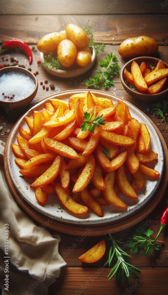 Freshly Prepared Fried Potatoes on a Rustic Plate Freshly Prepared Fried Potatoes on a Rustic Plate