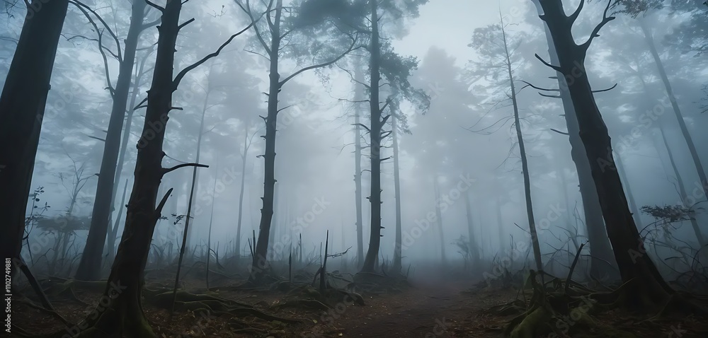 Fog-Covered Forest with Skeletal Trees and Ghostly Figures in Wide-Angle Shot Fog-Covered Forest with Skeletal Trees and Ghostly Figures in Wide-Angle Shot