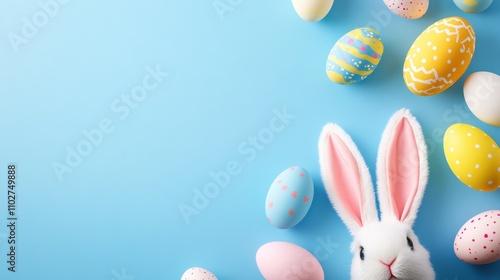 Celebrate Easter with colorful bunny ears and vibrant eggs on a pastel blue background