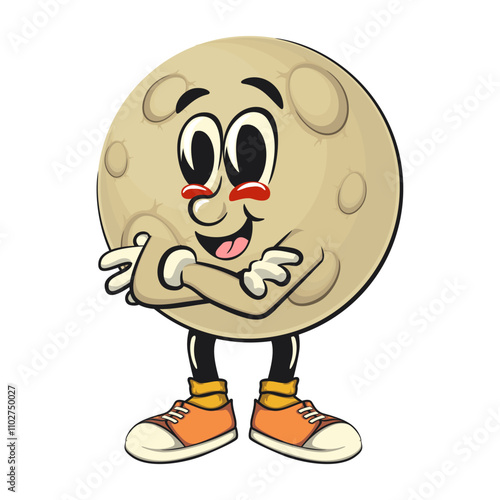 Moon mascot character illustration folding his arms calmly, cartoon mascot isolated, work of hand drawn