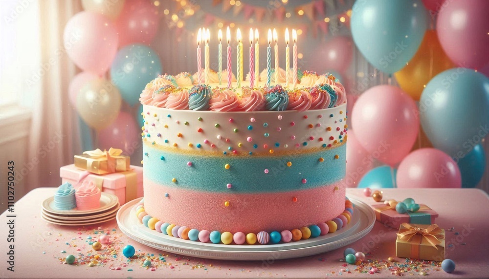 Festive Birthday Cake with Candles and Confetti Festive Birthday Cake with Candles and Confetti