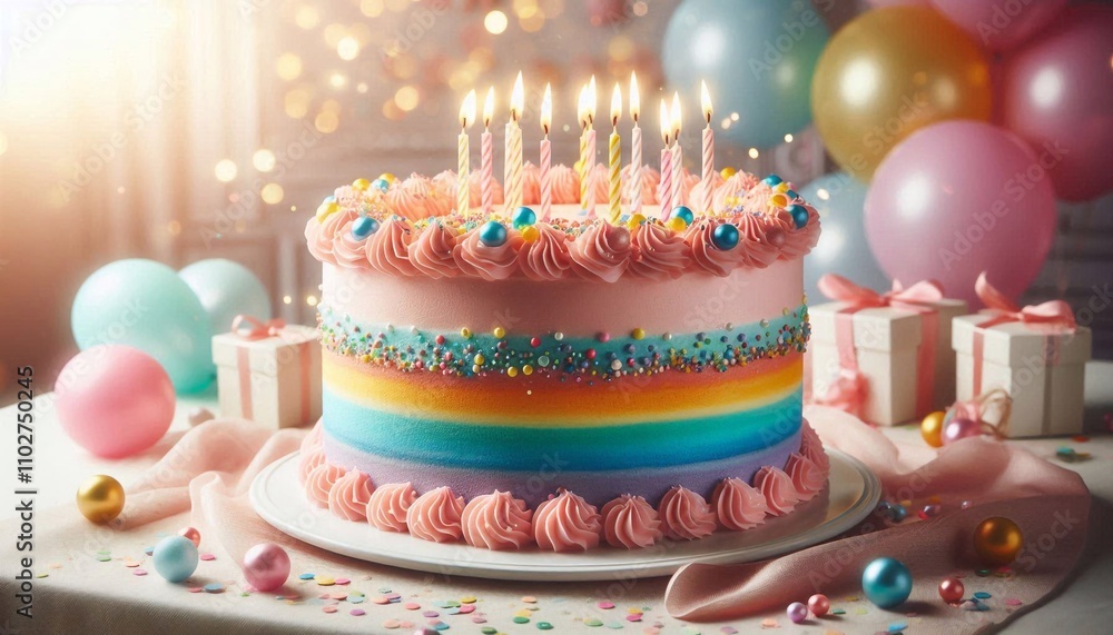 Festive Birthday Cake with Candles and Confetti Festive Birthday Cake with Candles and Confetti