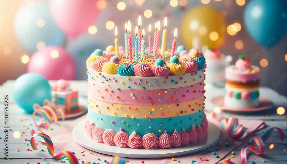 Festive Birthday Cake with Candles and Confetti Festive Birthday Cake with Candles and Confetti