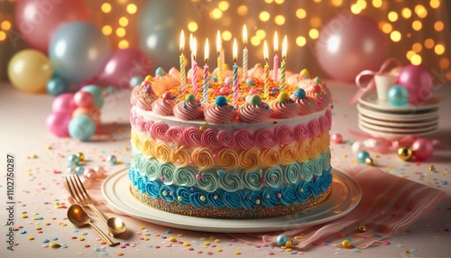 Festive Birthday Cake with Candles and Confetti