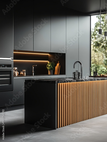 Dark and black modern kitchen with large kitchen  wooden slats