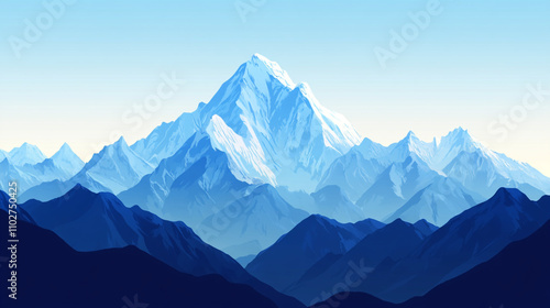 Snow-capped mountain peaks surrounded by rolling blue hills at dawn