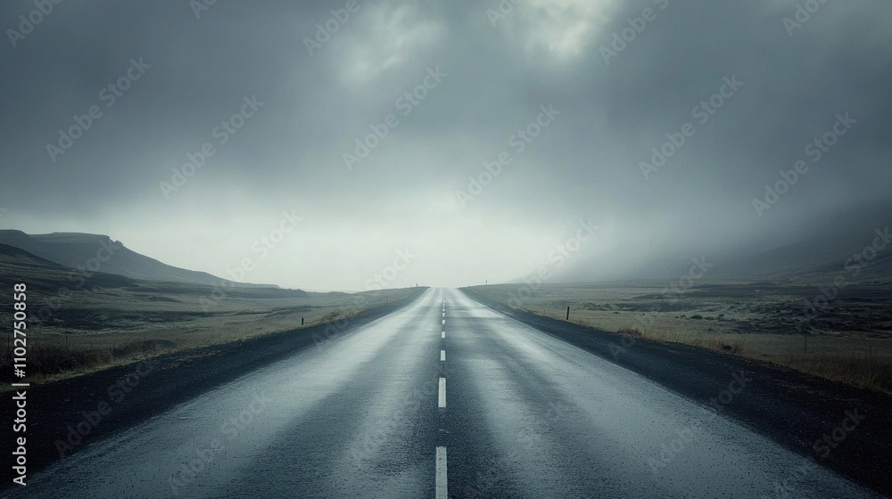 Naklejka premium Rain road: A long, empty road stretching into the distance under a grey, rainy sky