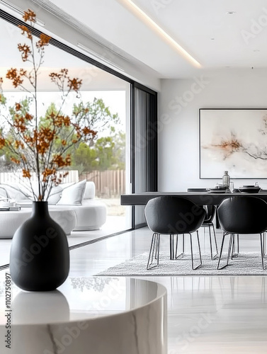 Obraz na płótnie Luxury minimalist interior design of modern living room and black chairs. w salonie