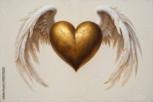 Heart with golden color and angelic wings displayed against a light background
