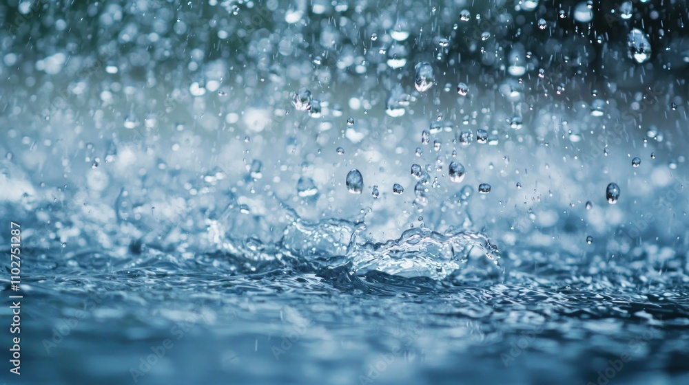 Rain water: Clear water droplets falling into a pool of water in slow motion Rain water: Clear water droplets falling into a pool of water in slow motion