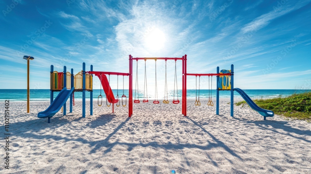 A vibrant playground on a sandy beach under a bright sun. A vibrant playground on a sandy beach under a bright sun.