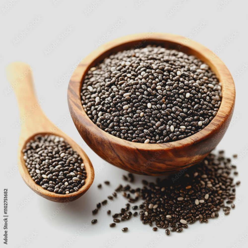High-quality close-up of chia seeds in a wooden bowl and spoon, showcasing their unique texture and natural color against a soft gray background for a healthy lifestyle concept High-quality close-up of chia seeds in a wooden bowl and spoon, showcasing their unique texture and natural color against a soft gray background for a healthy lifestyle concept