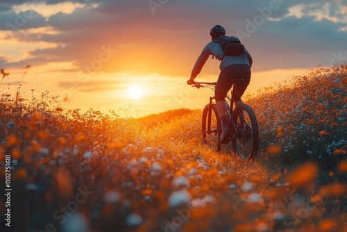 Silhouette of a man mountain biking on a meadow at sunset, capturing a serene adventure. photo