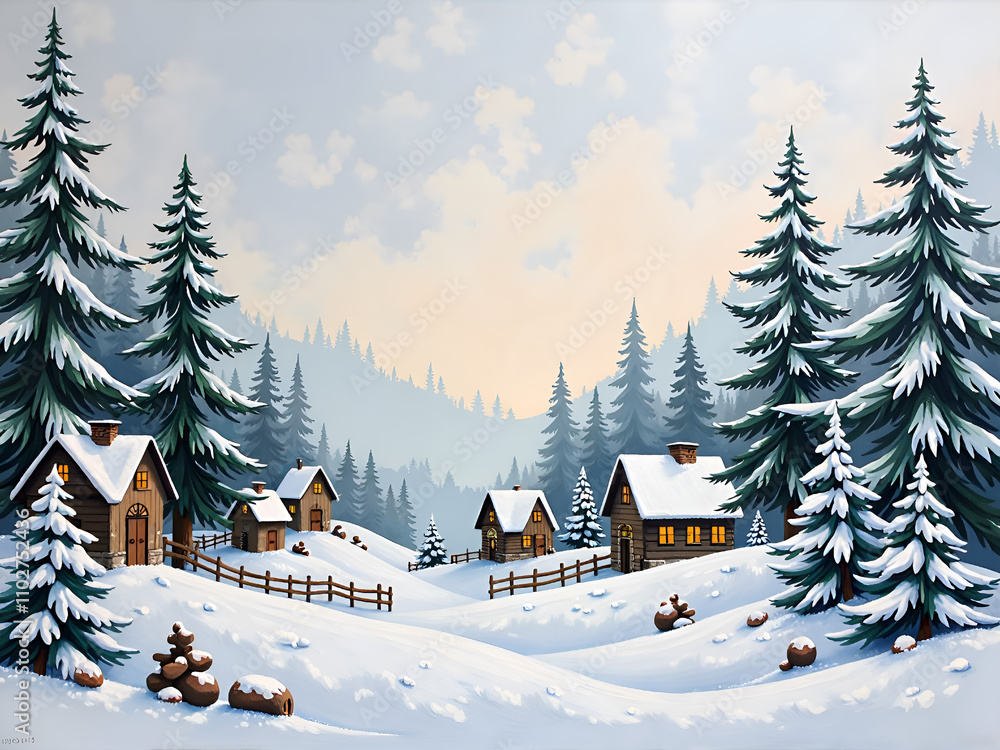 Naklejka premium A tranquil winter landscape with cozy cabins and snow covered pines at dusk, digital art of scenic landscape concept.
