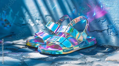 A pair of iridescent sandals resting on a textured surface, showcasing vibrant colors and a playful design. photo