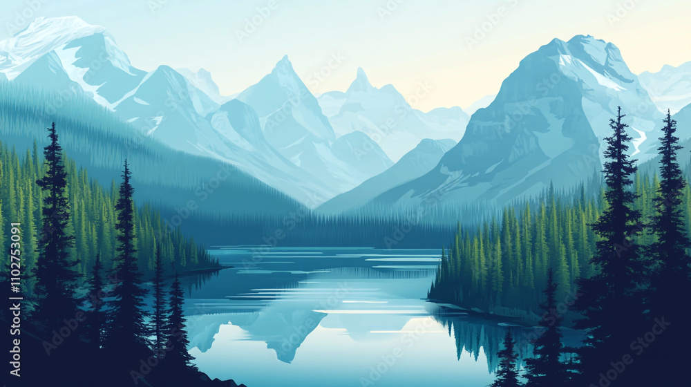 Scenic mountain landscape features lush forests and serene lake at dawn in a tranquil setting Scenic mountain landscape features lush forests and serene lake at dawn in a tranquil setting
